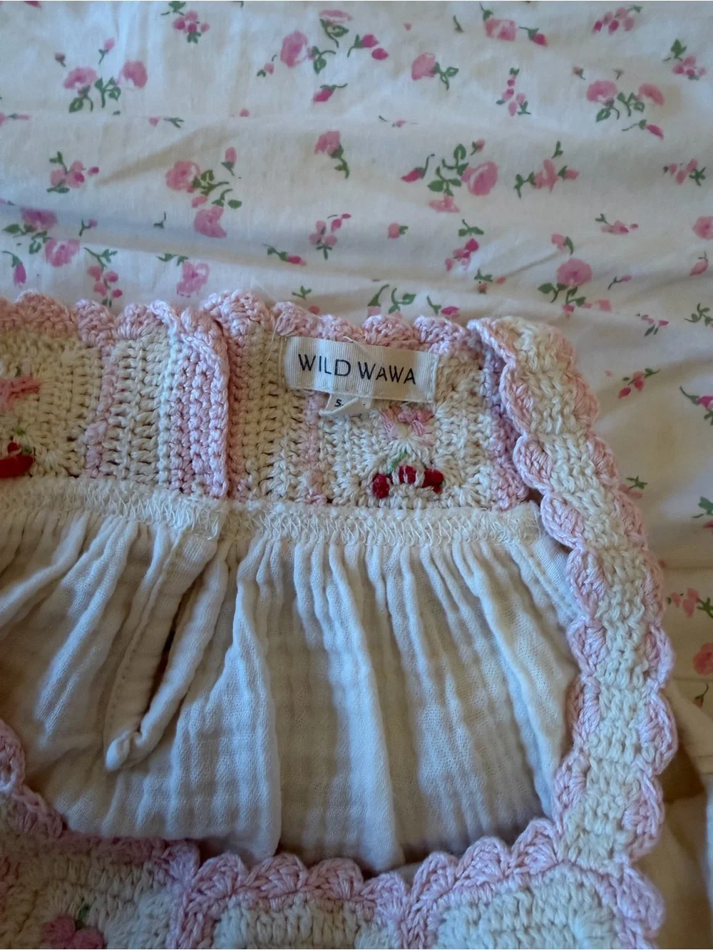 WILD WAWA Crochet Ivory Cherry Girls Dress 5-6Y